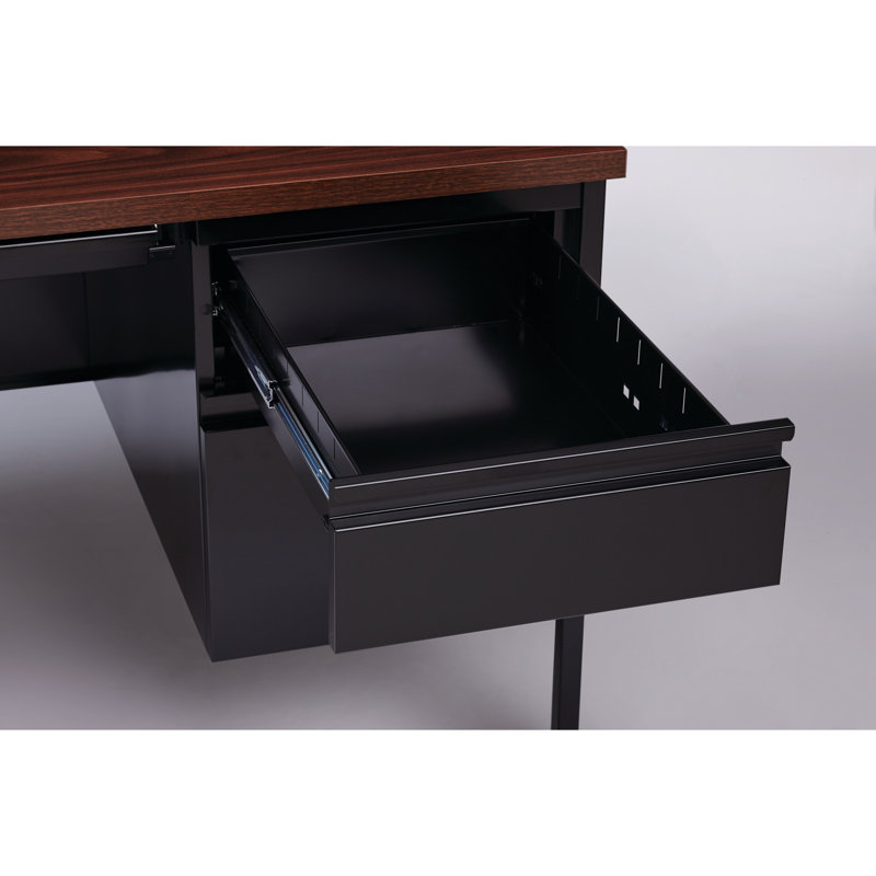 Bureau à double caisson avec tiroir central pour la maison, le bureau ou l'école, Noir/noyer, H 29,5 po x l 60 po x P 30 po