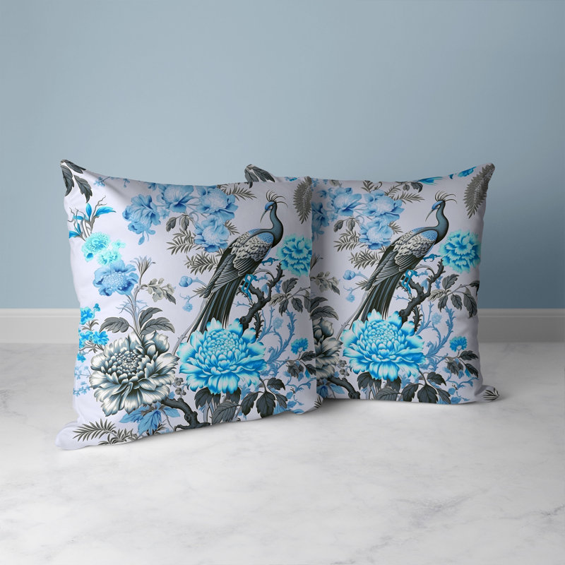 Blue and Gray Faux Suede Peacock Throw Pillow