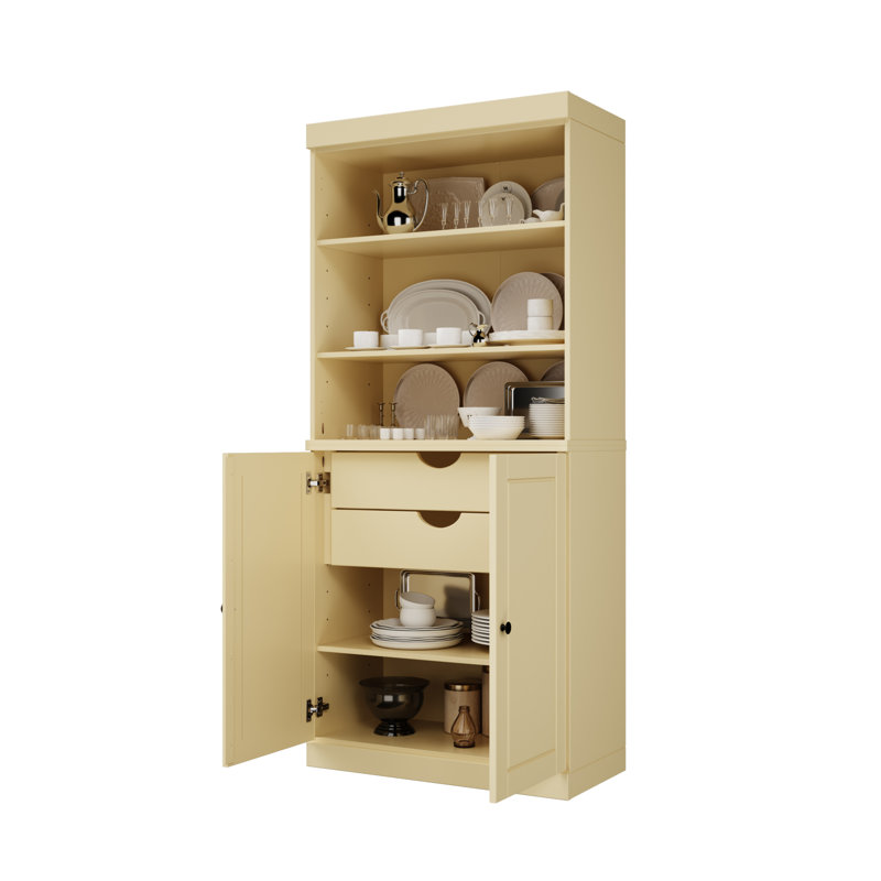 Garde-manger Birce 100% bois massif 32 po avec portes solides, 2 tiroirs et tablettes réglables, Jaune