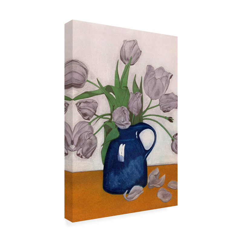 Art sur toile, "Tulipe lilas" dans un vase bleu, H 19 po x l 12 po