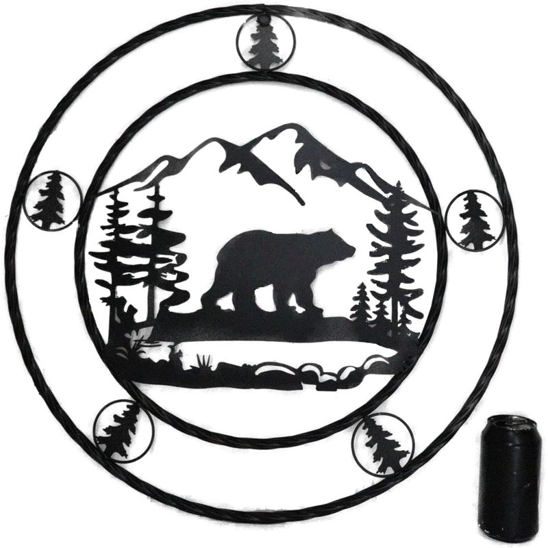24"Dia Rustic Western Black Bear By Mountains Pine Forest Metal Wall Circle Sign
