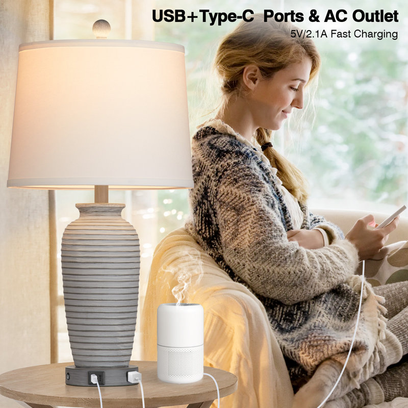 Allisan 25" USB Table Lamp Set with Touch Control and Bulbs, Distressed Gray