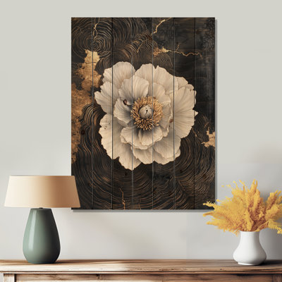 Abstrait pivoines dorées sur glissade en bois foncé V - Décoration murale en bois de pivoines - sur bois de pin naturel