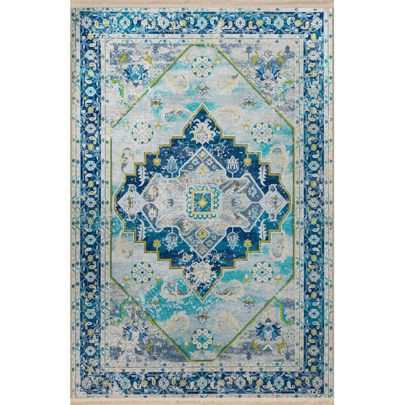 Tapis bleu lavable décoratif floral, Sous-tapis rectangulaire de 3 pi 3 po x 4 pi 11 po