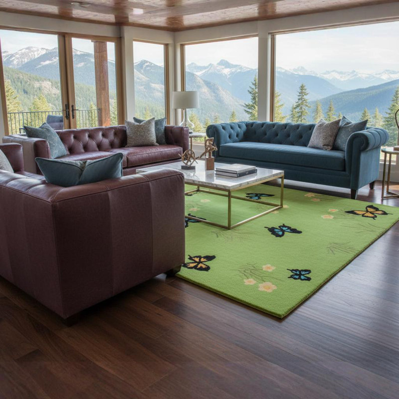 Ailey Hand-Tufted Handmade Butterfly Garden Design on Green Wool Area Rug