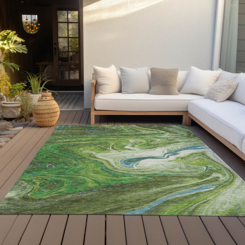 Green Abstract Synthetic 5' x 7' Washable Area Rug