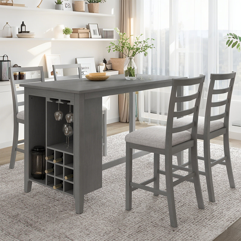 Rural Style 5-Piece Dining Table Set with 4 Padded Chairs and Built-in Storage for Dining Room, White/Grey