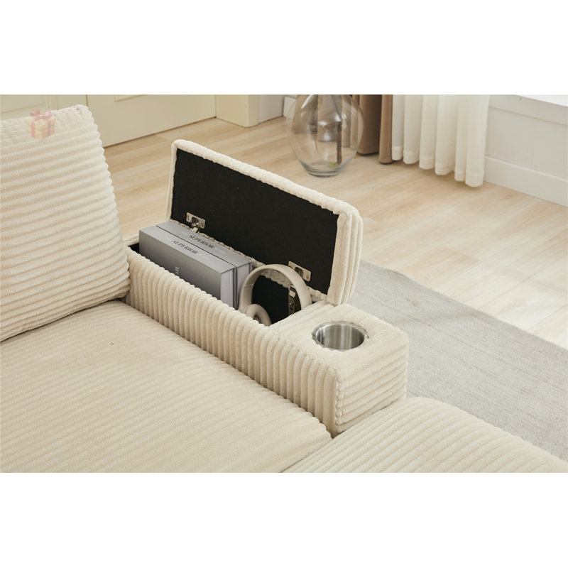 Modern Corduroy Sectional Sofa with USB Charging, Cup Holders, and Flexible Configuration for Small Spaces, Beige