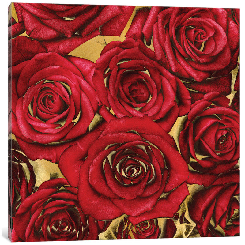 « roses-rouge on gold », impression sur toile, H 26 po x l 26 po x P 1,5 po, Toile avec cadre noir, Pas de tapis