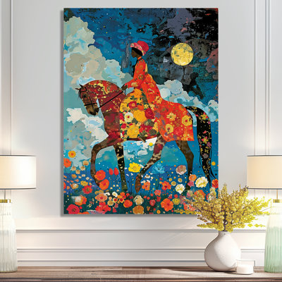 Lady Riding Horse Full Moon Flower Field - Horse Animal Wall Art