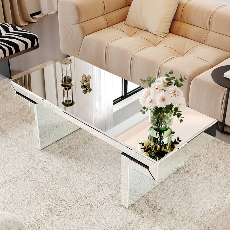 Table basse à miroir rectangulaire de luxe 47 pouces avec verre trempé cannelé