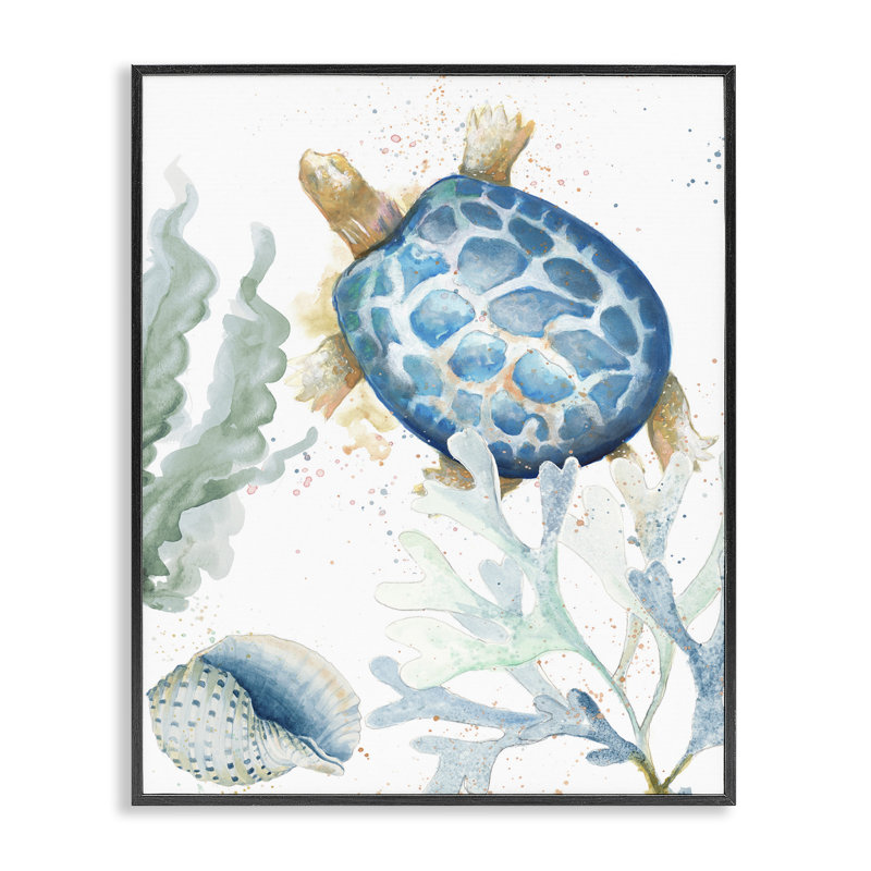 Tortue mouchetée et art giclée corail par Patricia Pinto, H 30 po x l 24 po, Giclée encadrée noir minuit