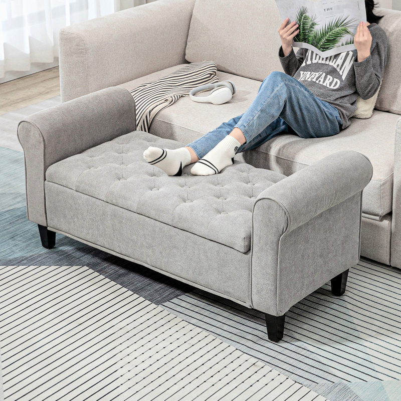 50" Bench, Gray. Upholstered With Soft Velvet. Rolled Arms & Wood Legs. Hidden Storage. Comfortable For Bedroom, Living Room. Assembly Required. 264 Lbs Max Storage Gray Velvet Comfy Seat Room,