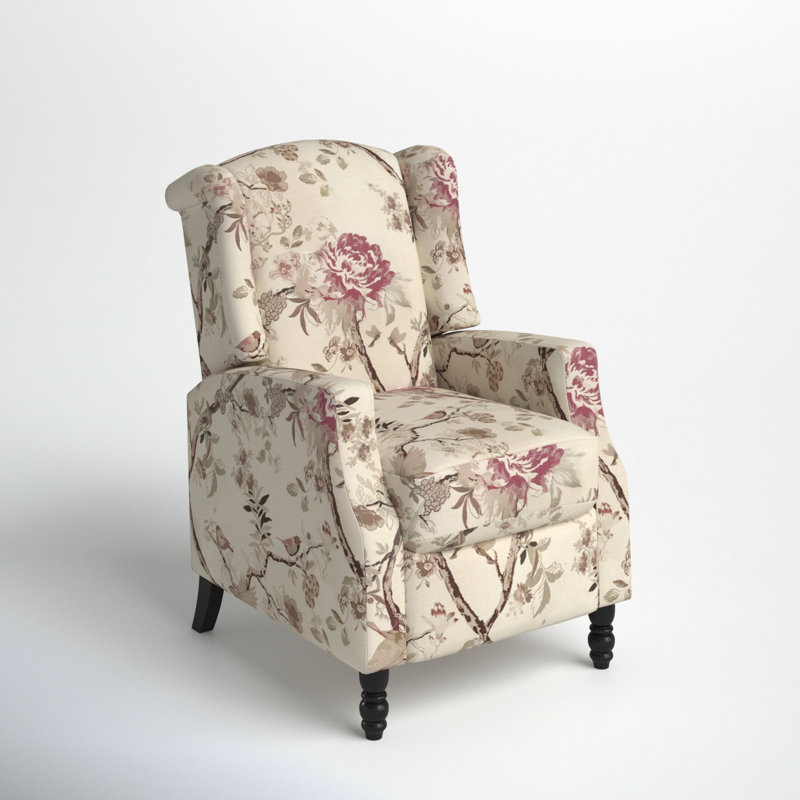 Celia Upholstered Manual Recliner with Classic Wing Back and Solid Vase-Shape Wooden Legs, Bird