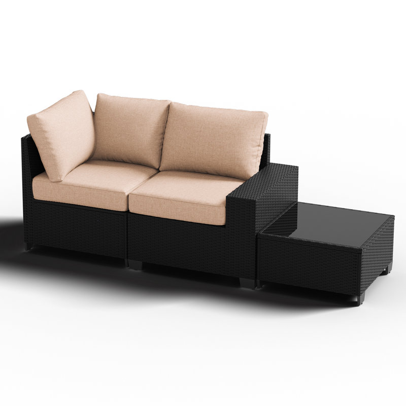 2 -Person Rattan Patio Safo With Cushions, Beige, Black