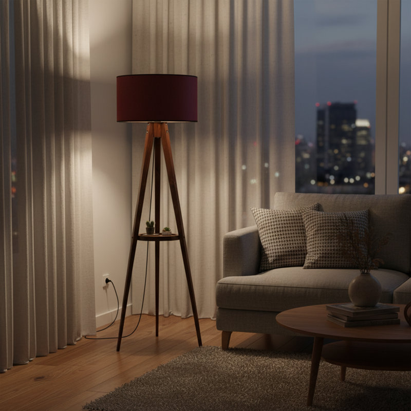 Wooden Body Drum Tripod Floor Lamp, Claret Red