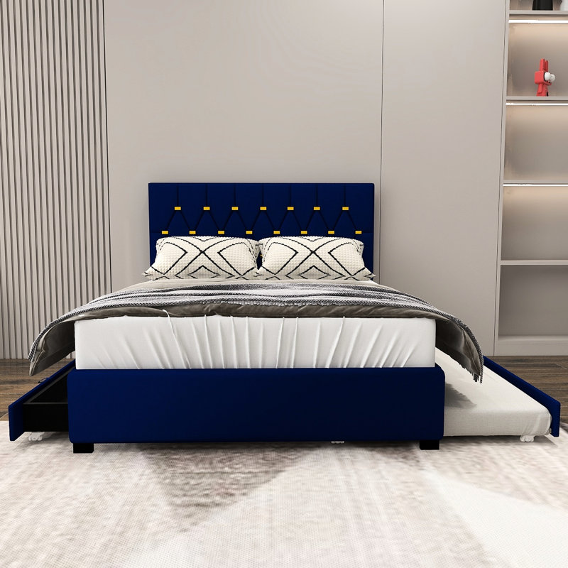Grand lit moderne bleu avec lit gigogne et rangement, revêtement en velours élégant, lattes robustes, assemblage facile, idéal pour les tiroirs de rangement multifonctionnels de la chambre principale, cadre, aucun sommier nécessaire