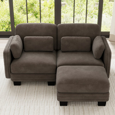 Canapé d'angle modulaire 2 places au design moderne et minimaliste capitonné, avec pouf amovible et coussins d'assise épais et confortables, idéal pour le salon ou la chambre, en chenille marron.
