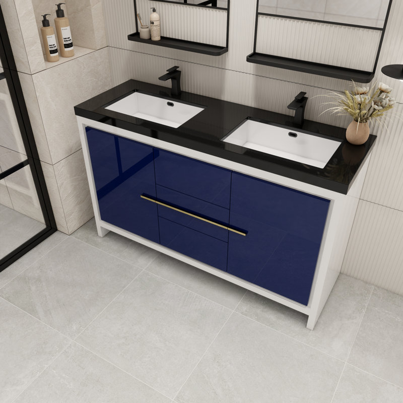 Ensemble de meuble-lavabo double 60 po Bayyinahi, Bleu nuit ultrabrillant