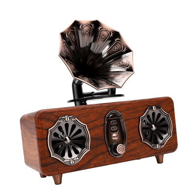Haut-parleur Bluetooth rétro 5.4 avec basses, sans fil, style vintage, compatible USB et AUX, et trompette en bronze.