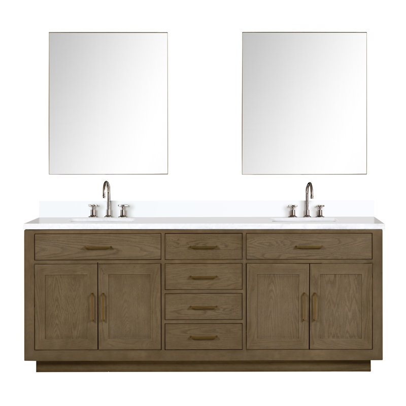 Ensemble de meuble-lavabo double 84 "avec miroir 84", Chêne noir, Marbre de culture blanc