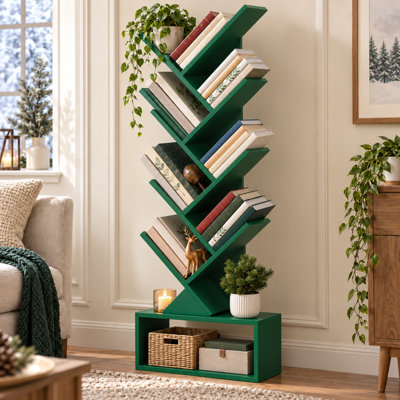 Étagère à livres en forme d'arbre à 9 niveaux, haute et étroite, en bois, idéale pour la chambre, le salon ou le bureau, avec des étagères de rangement compactes pour les livres et les petits objets de décoration.