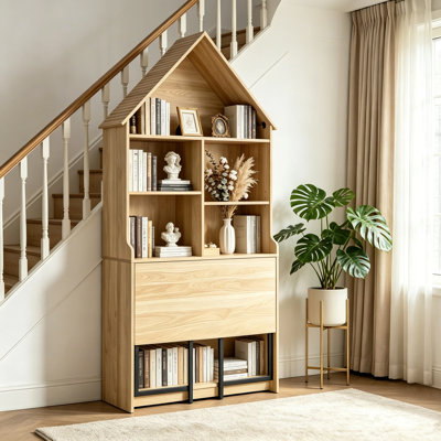 Folding Craft Desk With Storage Shelves, Convertible Hideaway Desk To Bookshelf, Foldable Desk With Storage, Disappearing Desk For Small Spaces, Multifunctional Converted Craft Table, Vanity Desk
