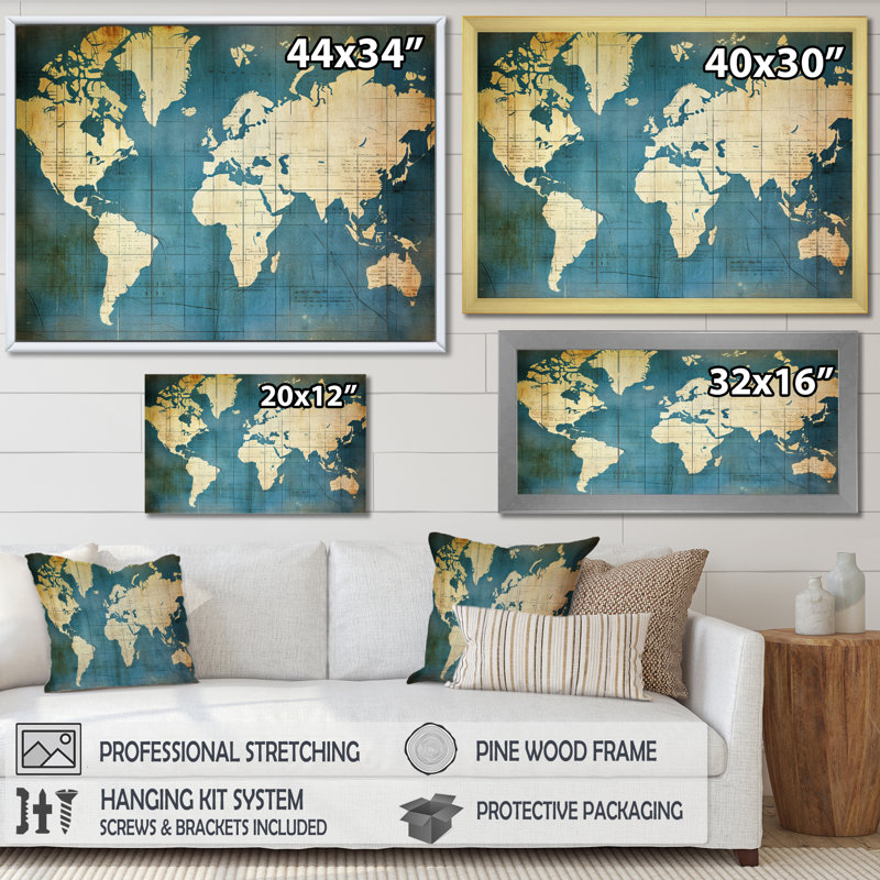 Ancienne carte du monde VI, reproduction d'art sur toile, H 30 po x l 40 po x P 1,5 po, Cadre doré à une seule photo