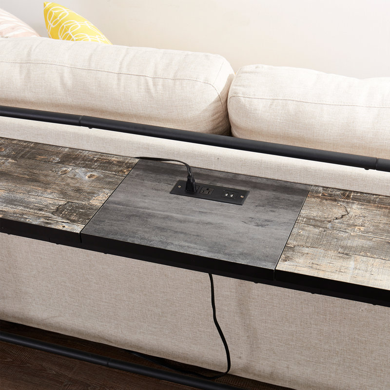 Modern Industrial Console Entryway Table with Power Outlets and USB Ports, Narrow Sofa Table with Metal Frame and Engineered Wood Top