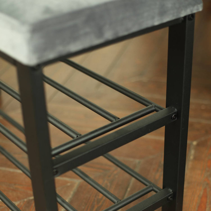 Black Metal Shoe Bench with Velvet Padded Seat | 2-Tier Shoe Rack L81.5 W33 H50 cm, Grey
