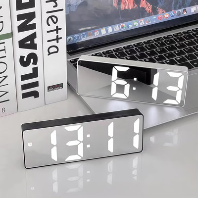 Mirror LED Digital Alarm Clock, 6.3 Inch Large Mirror Screen Clock with Temperature Date Adjustable Brightness Snooze, Battery Backup Memory, ABS Plastic Small Bedside Desk Clock for Bedroom Office, Batteries Not Included