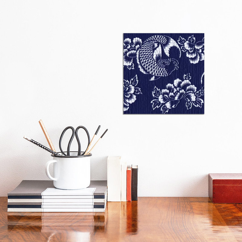 Indigo Carp Katagami II by Vision Studio - Wrapped Canvas Gallery-Wrapped Canvas Giclée, 30.48cm H x 30.48cm W