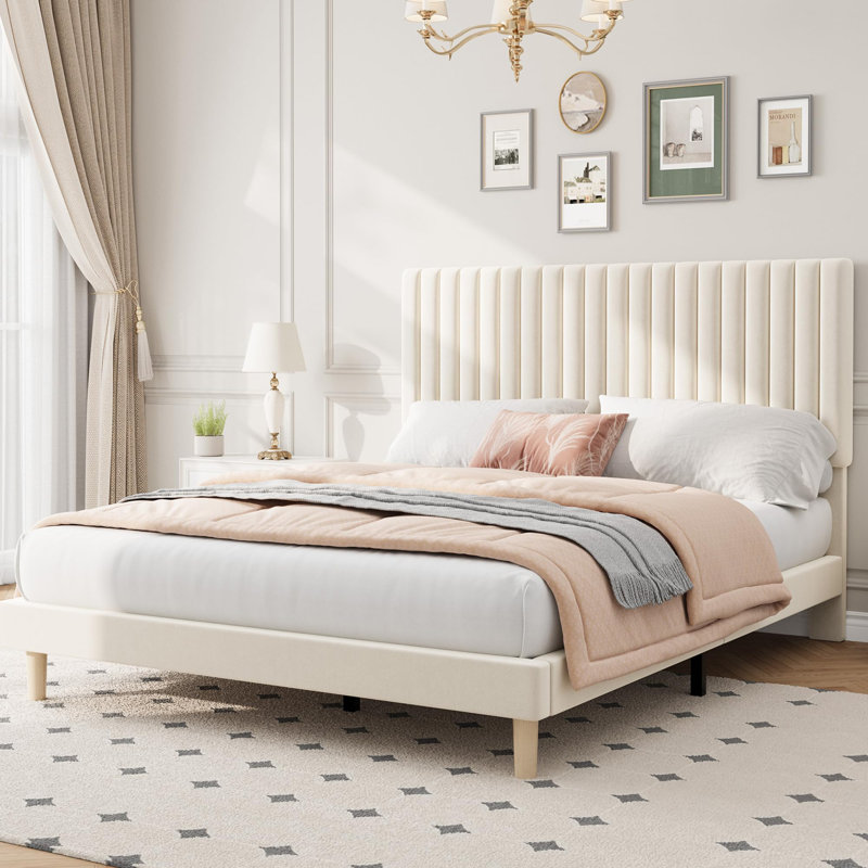 Queen Bed Frame with Adjustable Headboard, Velvet Upholstered Platform Queen Size Bed Frame, Vertical Channel Tufted, Strong Wooden Slats, No Box Spring Needed, Easy Assembly, Beige