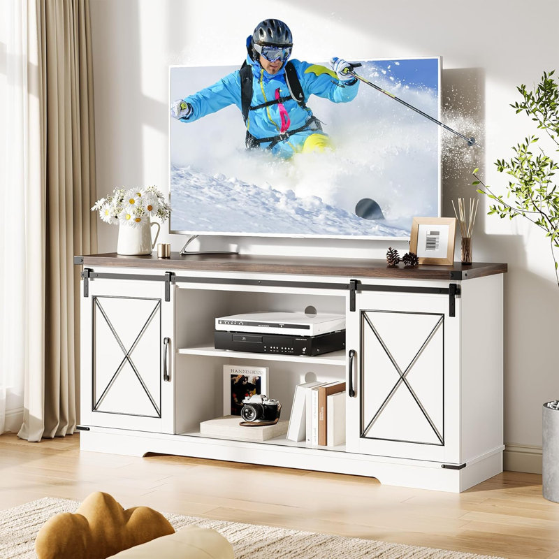 59 Inch TV Stand, Farmhouse Wood Entertainment Center with Sliding Barn Doors with Adjustable Shelves & Open Compartment