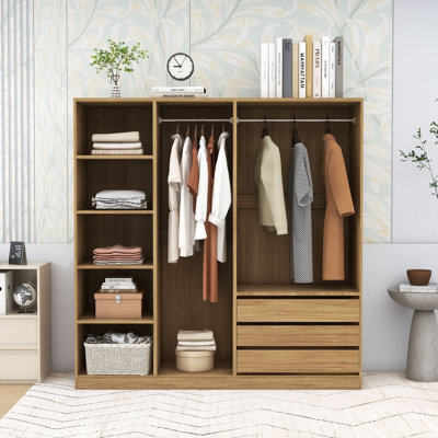 Contemporary Wooden Open Wardrobe with Double Hanging Rods and Spacious Storage by Latitude Run