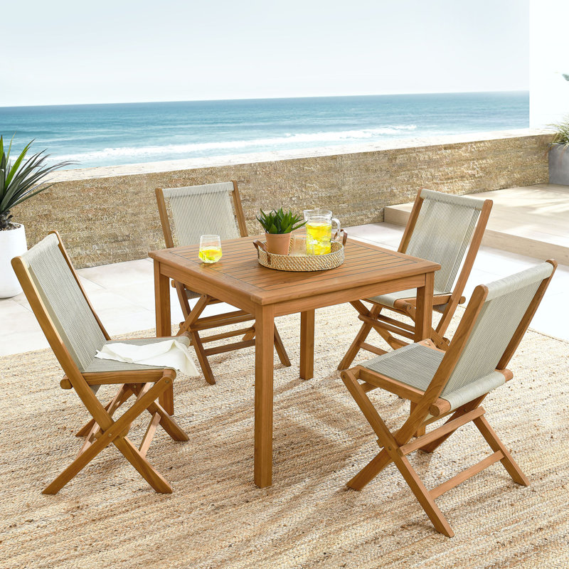 Vienna 5-Piece Outdoor Patio Teak Wood Dining Set With Rope Folding Chairs In Natural, Brown