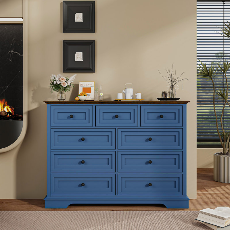 Cabinet Dresser Chest With 9 Drawers, Chest Of Drawers, Bedroom Dresser, Blue/Brown