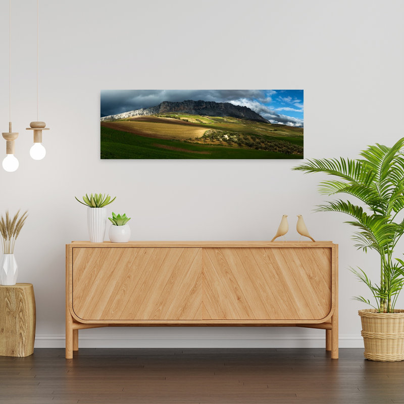 Sunlit Mountain Fields, dramatique, serein, abstrait, olivier, paysage, montagne, art mural, H 12 po x l 36 po
