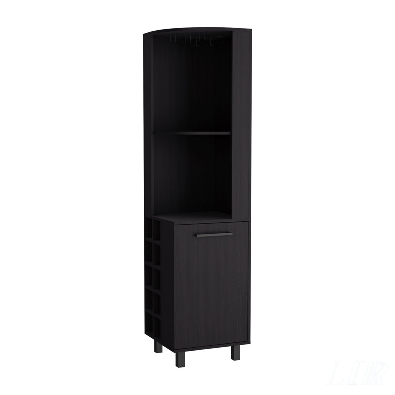 Kaia Tall Corner Bar Cabinet with Shelves, Wine Bottle Storage, and Stemware Rack in Black Wengue Finish