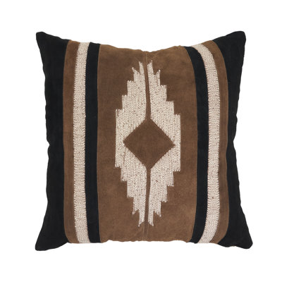 Western Leather Polyester Filled Throw Pillow - Rustic Ranch Throw Pillow with Southwestern Geometric Leather Applique and Lodge Style Accent Design for Living Room and Bedroom Styling