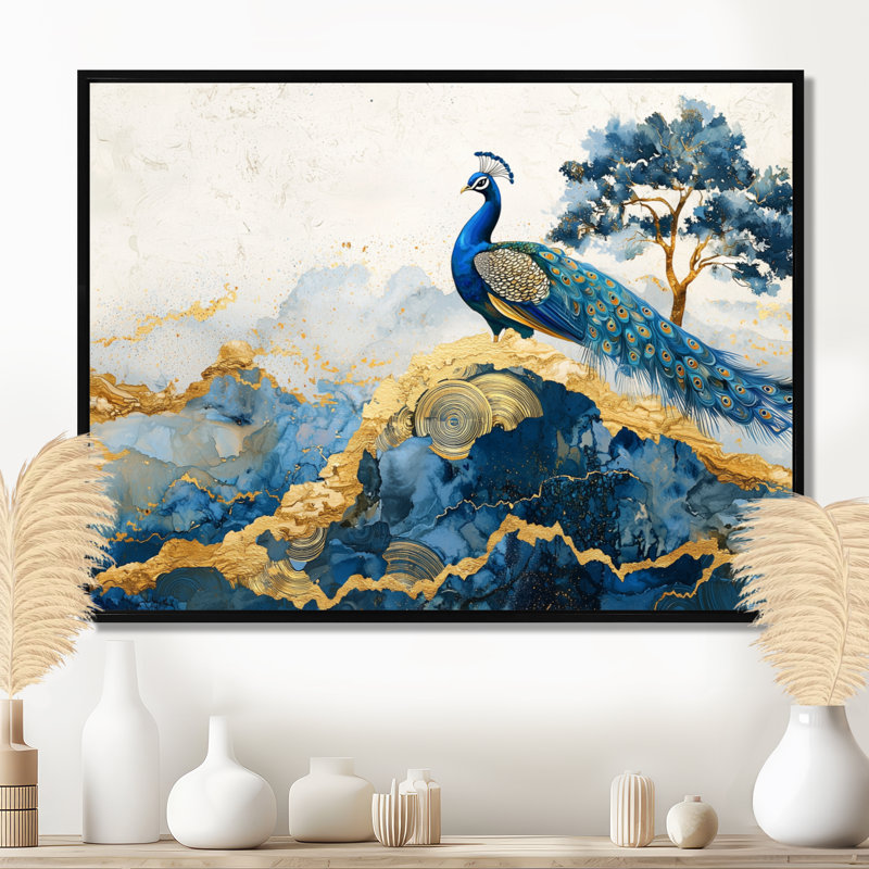 «Hardage Golden Aqua and Agate Peacock Landscape III», art mural paon, Noir, Impression encadrée flottante sans passe-partout