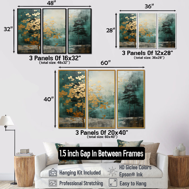 Ensemble de salon Golden Emerald Forest - Abstract Spirals, Encadrement argenté, H 28 po x l 36 po x P 1 po