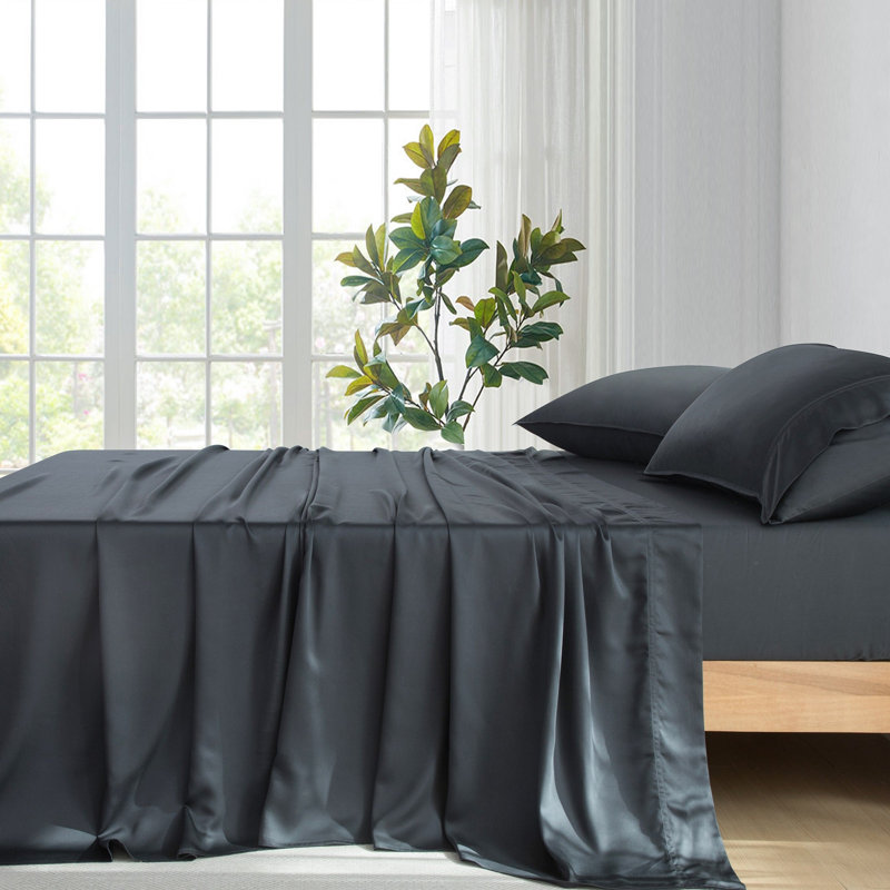 Rayon From Bamboo Sheet Set 400TC Sateen Bedding with Deep Pocket Fitted Sheet, Charcoal, Queen
