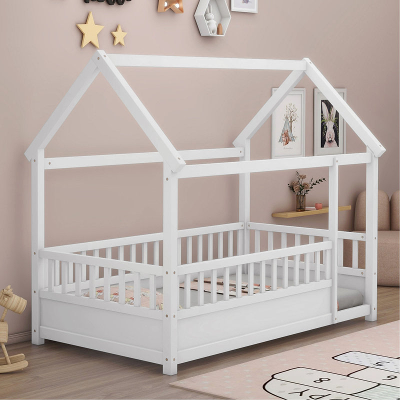 Floor Wooden Bed With House Roof Frame, Fence Guardrails, Twin, White