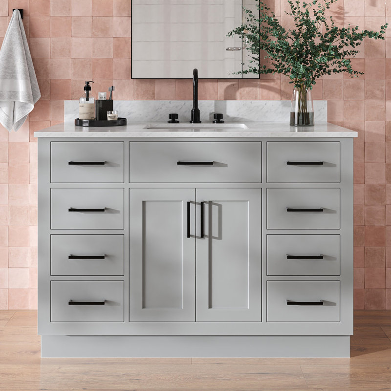 Jameal 48'' Solid Wood Single Bathroom Vanity with 0.75'' Carrara Marble Top Sink, Rectangular, Gray, 48"