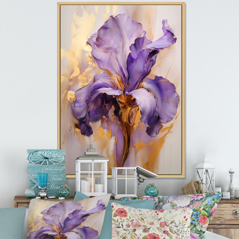 Iris doré - Rêve mauve - iris, art mural grand format, Cadre flottant érable, H 32 po x l 24 po x P 1 po