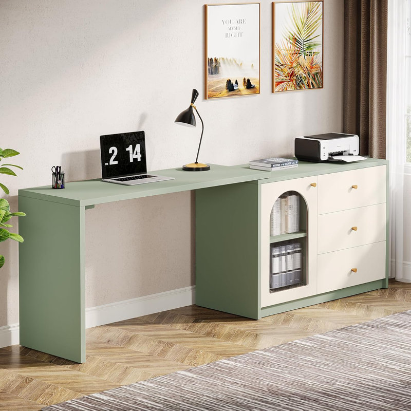 L Shaped Computer Desk With Drawer Cabinet, Light Green
