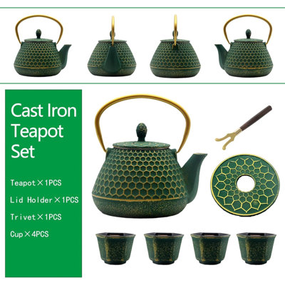 Cast Iron Tea Kettle Set Hexagon Pattern Teapot Set With Cups Teapot Coated With Enameled Interior Durable Cast Iron Teapot Set With Stainless Steel Infuser