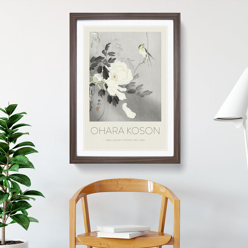 Swallow with Peony by Ohara Koson - Picture Frame Painting, Walnut Framed, 36cm H x 27cm W x 2cm D
