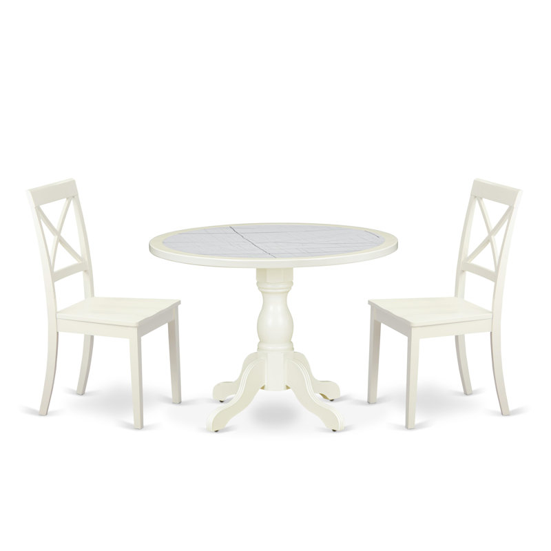 L'ensemble de table de cuisine 3 pièces comprend une table ronde et 2 chaises de salle à manger Mid-Century en bois avec dossier en X - Lin blanc 
